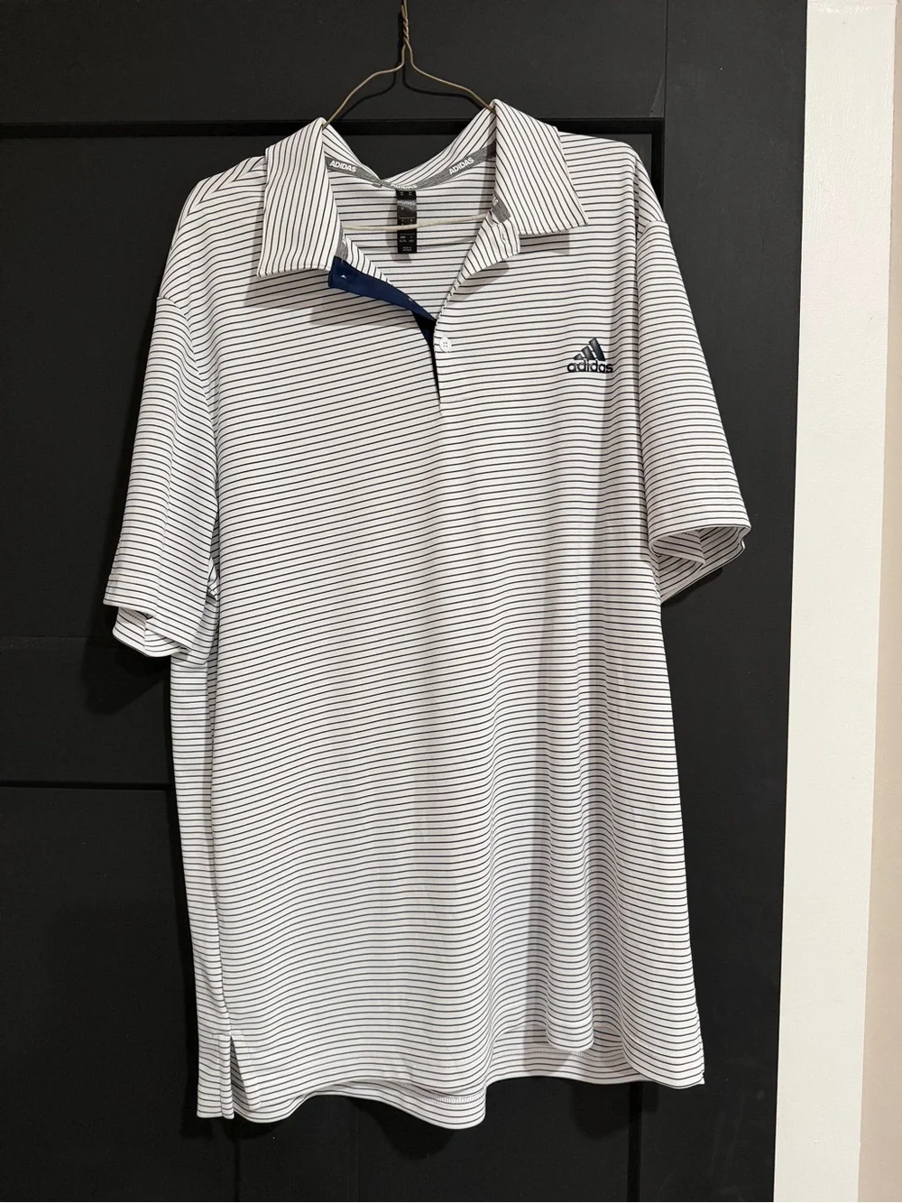 adidas Men’s White Polo with Thin Navy Stripes